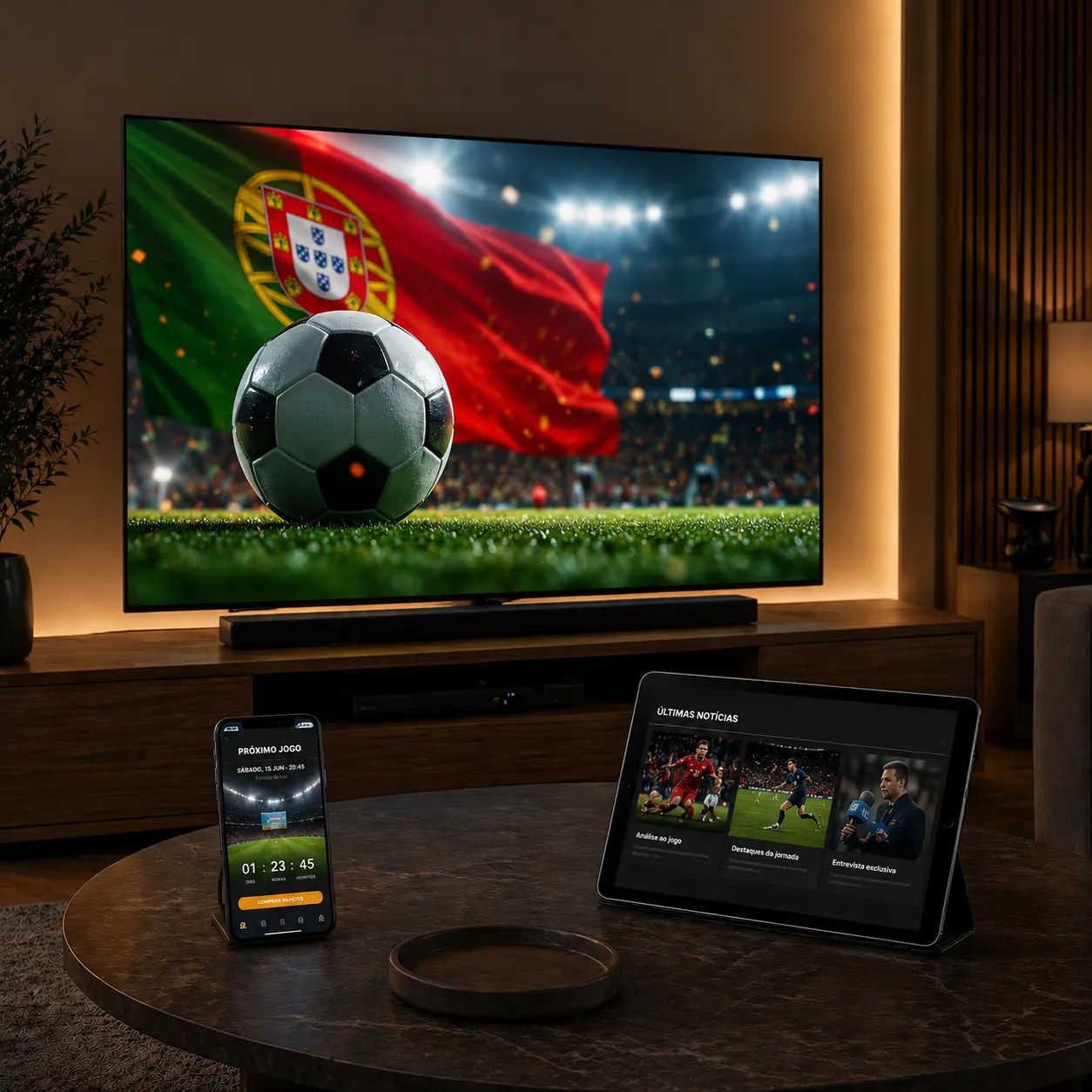 IPTV Portugal em Smart TV com conteúdo desportivo em 4K, tablet e smartphone numa sala moderna
